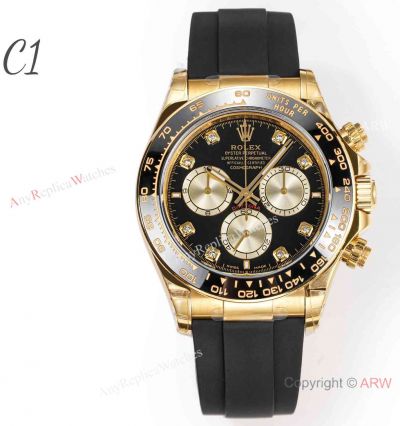 C1 Factory C1 Rolex Daytona Gold 4131 Oysterflex Strap Black-silver Dial Super Replica Watch